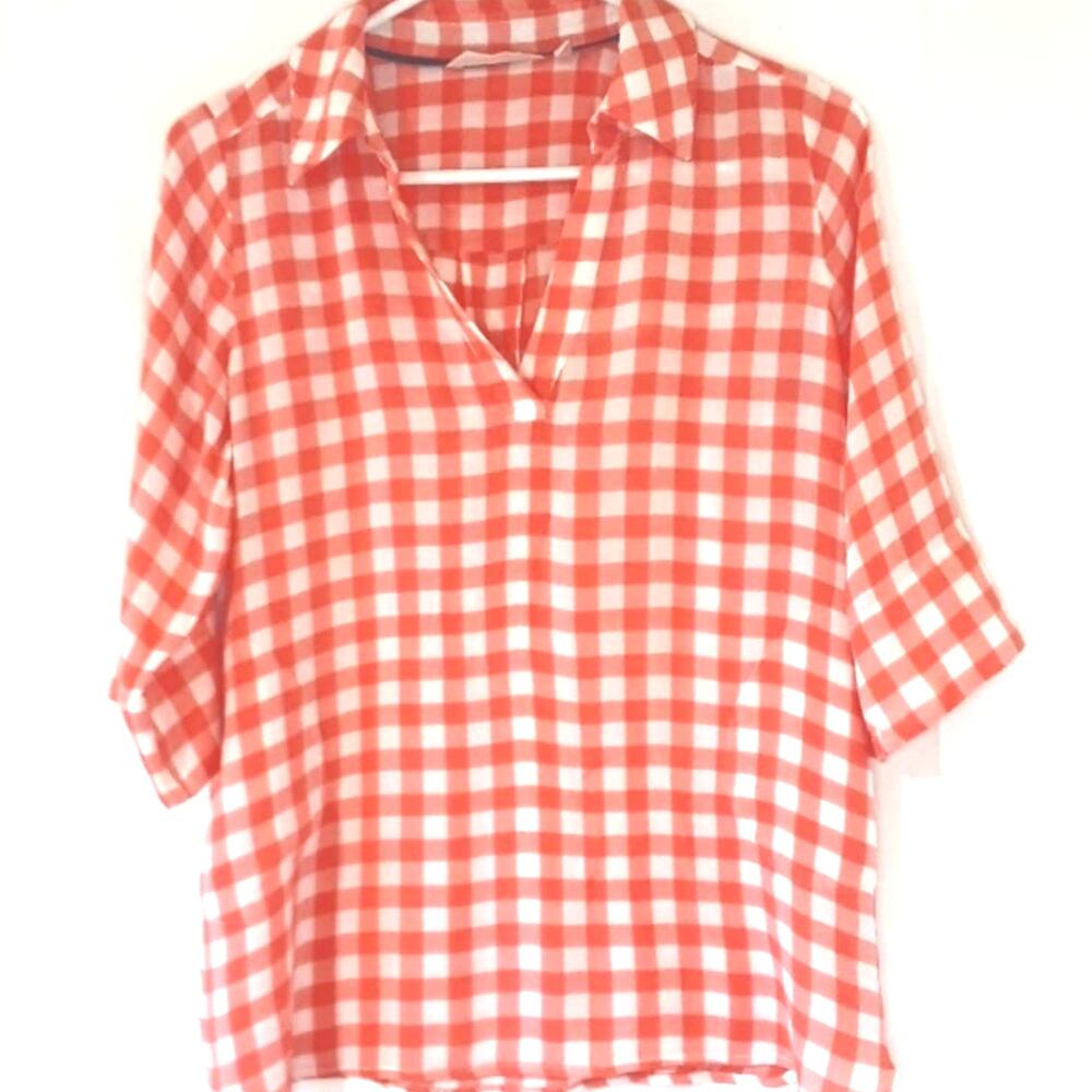 Soft Surrounding Womens Sz S Petite Orange Plaid Lagenlook Pockets V-Neck Blouse